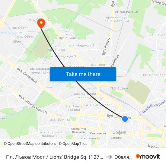 Пл. Лъвов Мост / Lions' Bridge Sq. (1278) to Обеля 2 map