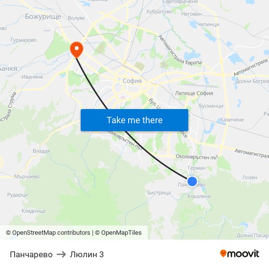 Панчарево to Люлин 3 map