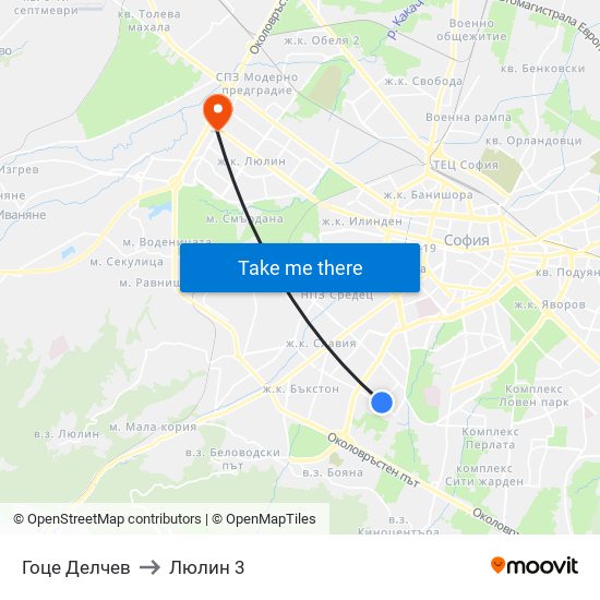 Гоце Делчев to Люлин 3 map