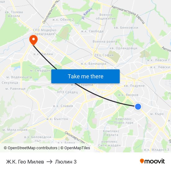 Ж.К. Гео Милев to Люлин 3 map