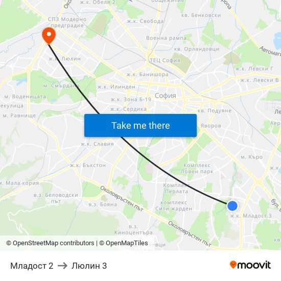 Младост 2 to Люлин 3 map