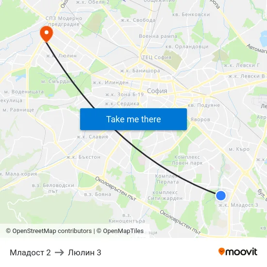 Младост 2 to Люлин 3 map