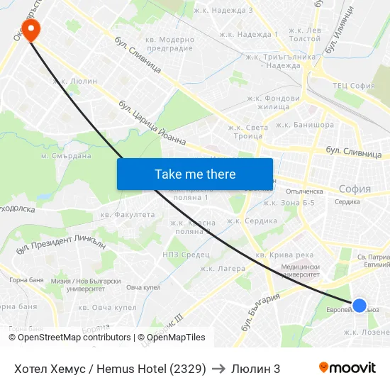 Ⓜ️ Хотел Хемус / Hemus Hotel (2329) to Люлин 3 map