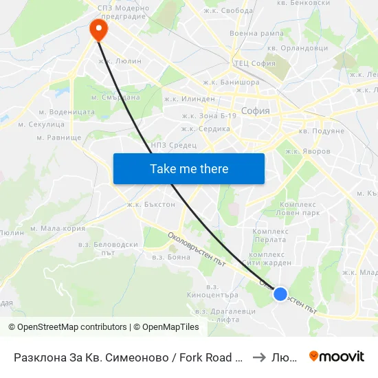 Разклона За Кв. Симеоново / Fork Road To Simeonovo Qr. (1459) to Люлин 3 map