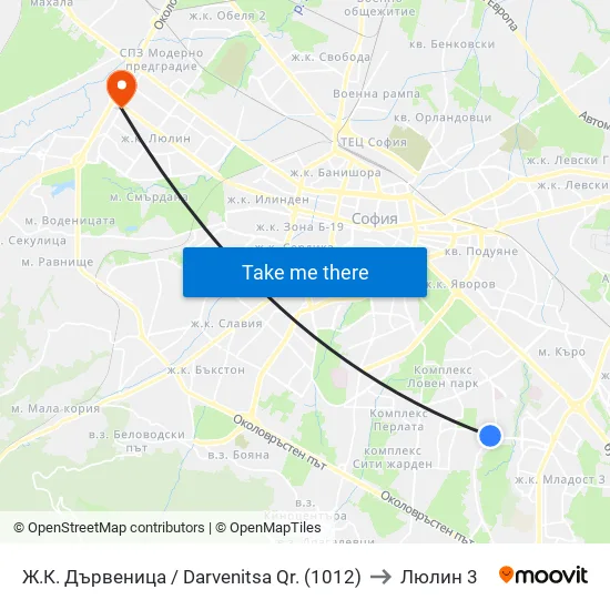 Ж.К. Дървеница / Darvenitsa Qr. (1012) to Люлин 3 map