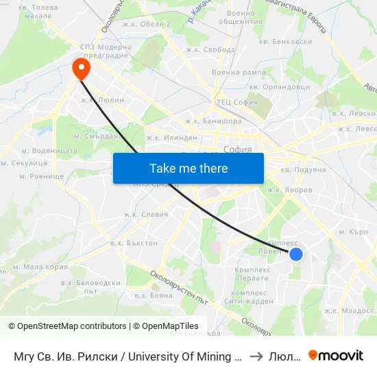 🎓 Минно-Геоложки Университет / University Of Mining And Geology (1033) to Люлин 3 map