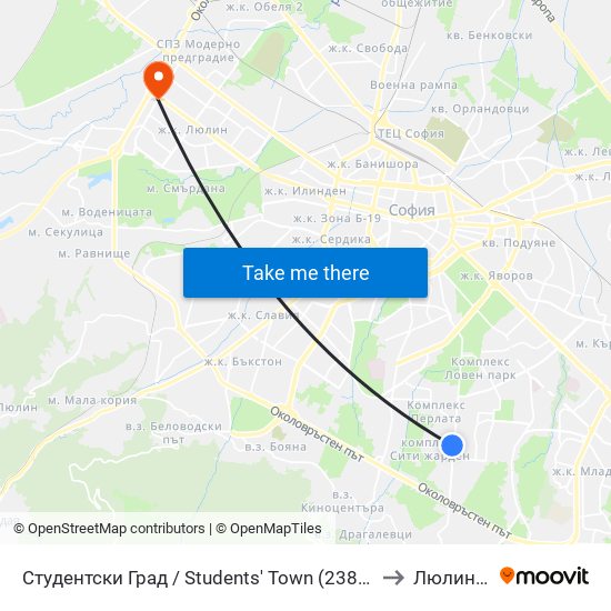 Студентски Град / Students' Town (2382) to Люлин 3 map