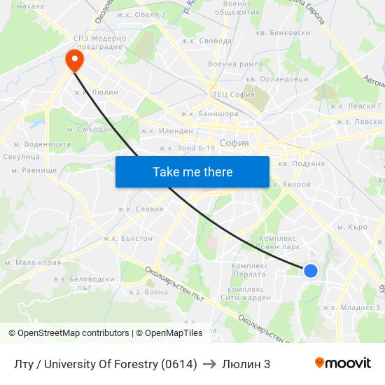 Лту / University Of Forestry (0614) to Люлин 3 map