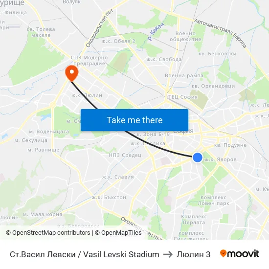 Стадион Васил Левски / Vasil Levski Stadium to Люлин 3 map