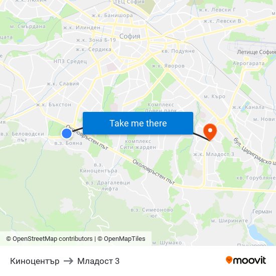 Киноцентър to Младост 3 map