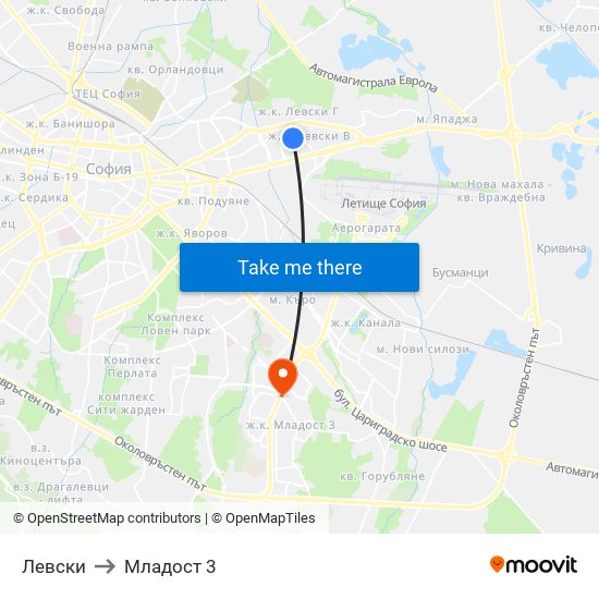 Левски to Младост 3 map