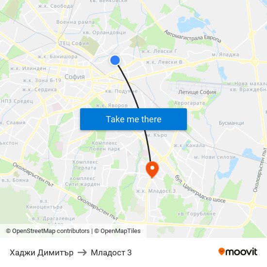 Хаджи Димитър to Младост 3 map