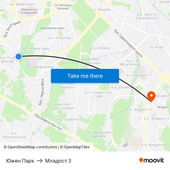 Южен Парк to Младост 3 map
