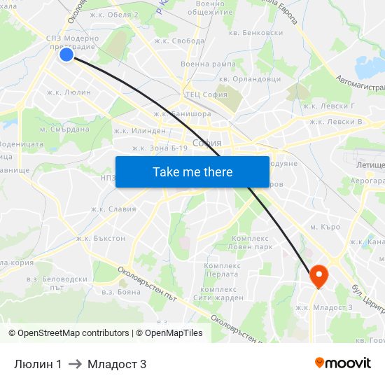 Люлин 1 to Младост 3 map