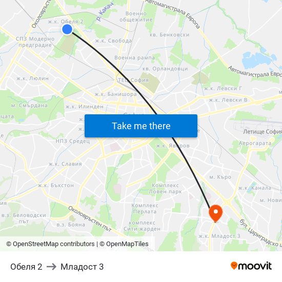Обеля 2 to Младост 3 map