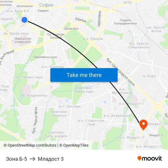 Зона Б-5 to Младост 3 map