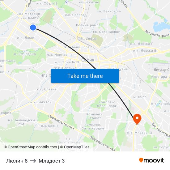 Люлин 8 to Младост 3 map