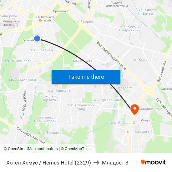 Хотел Хемус / Hemus Hotel (2329) to Младост 3 map