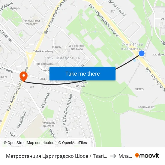 Ⓜ️ Метростанция Цариградско Шосе / Tsarigradsko Shosse Metro Station (1016) to Младост 3 map