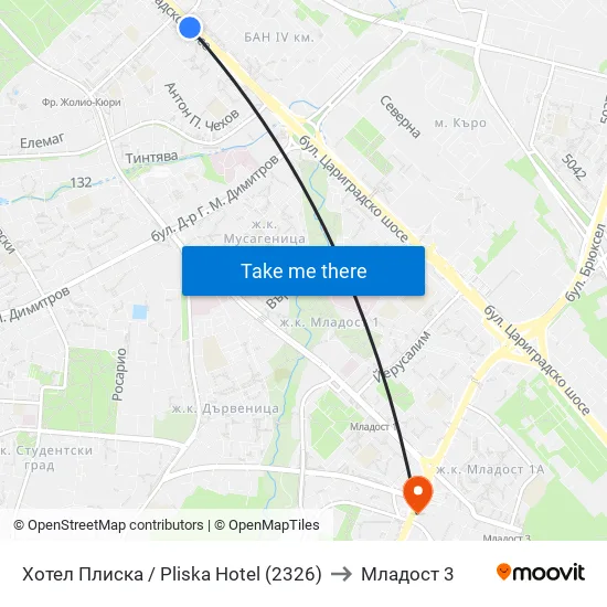 Хотел Плиска / Pliska Hotel (2326) to Младост 3 map