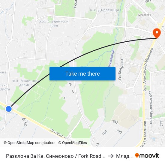 Разклона За Кв. Симеоново / Fork Road To Simeonovo Qr. (1459) to Младост 3 map