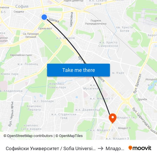 Софийски Университет / Sofia University (1697) to Младост 3 map