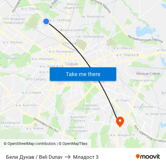Бели Дунав / Beli Dunav to Младост 3 map