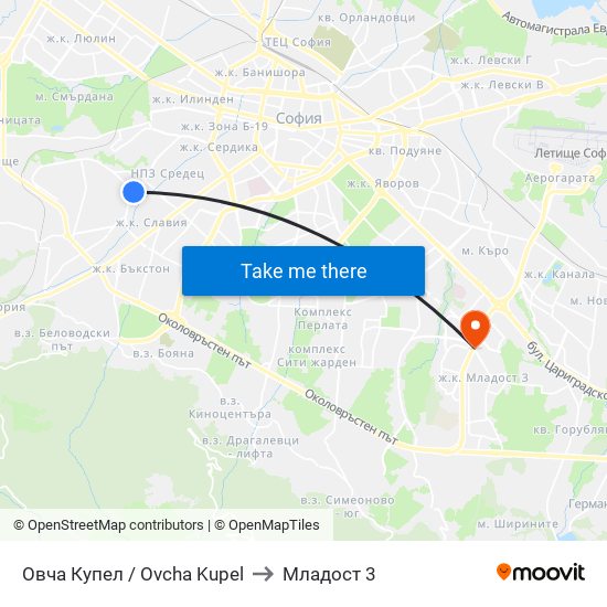 Овча Купел / Ovcha Kupel to Младост 3 map