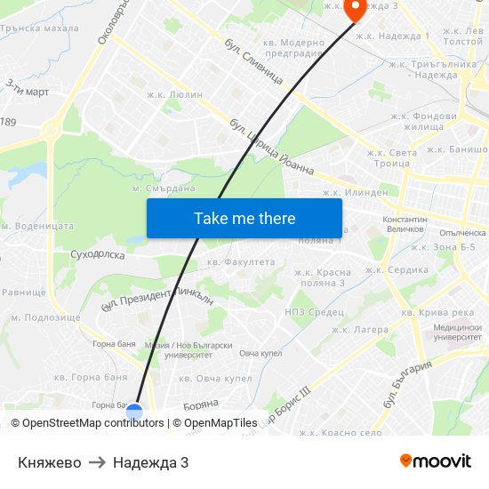 Княжево to Надежда 3 map