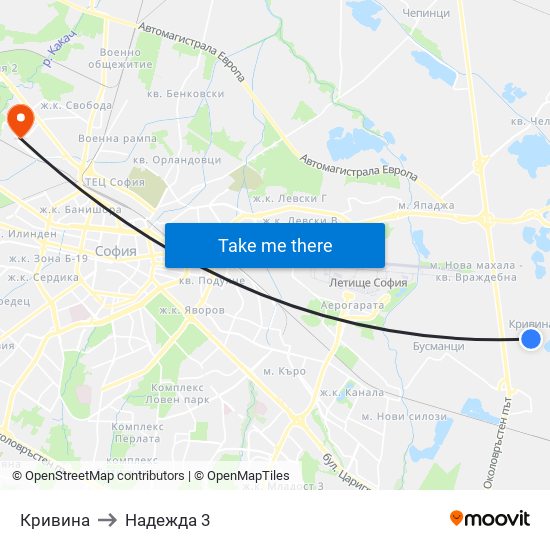 Кривина to Надежда 3 map