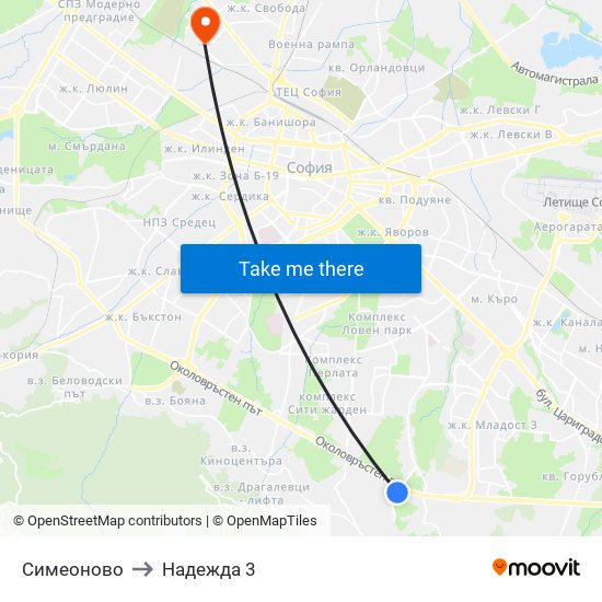 Симеоново to Надежда 3 map