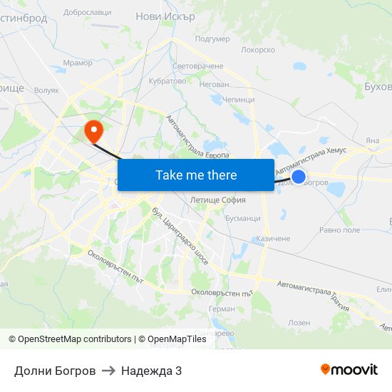 Долни Богров to Надежда 3 map