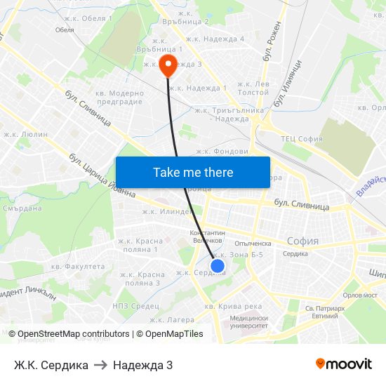 Ж.К. Сердика to Надежда 3 map