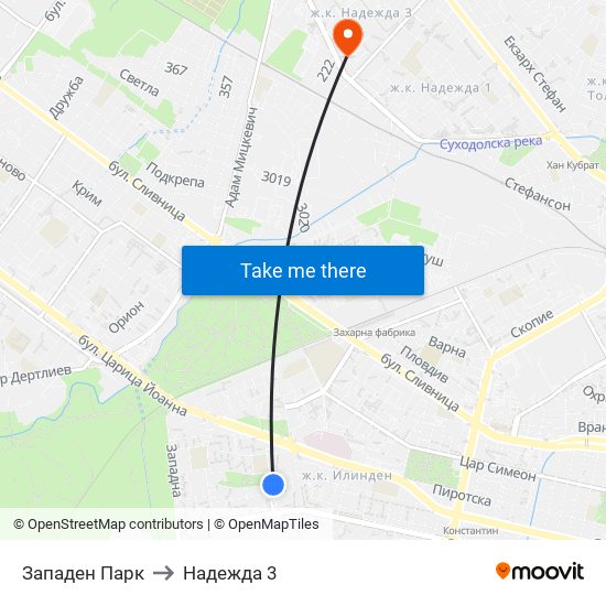 Западен Парк to Надежда 3 map