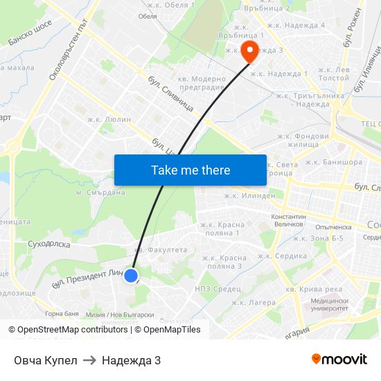 Овча Купел to Надежда 3 map