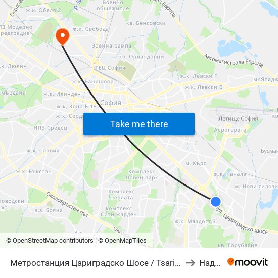Метростанция Цариградско Шосе / Tsarigradsko Shosse Metro Station (1016) to Надежда 3 map