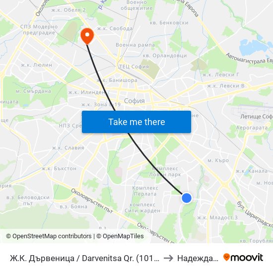 Ж.К. Дървеница / Darvenitsa Qr. (1015) to Надежда 3 map
