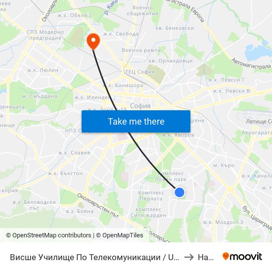 Висше Училище По Телекомуникации / University Of Telecommunications And Post (1396) to Надежда 3 map