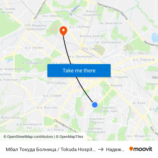 Мбал Токуда Болница / Tokuda Hospital (0206) to Надежда 3 map