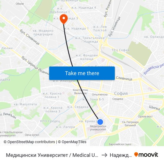 Медицински Университет / Medical University to Надежда 3 map