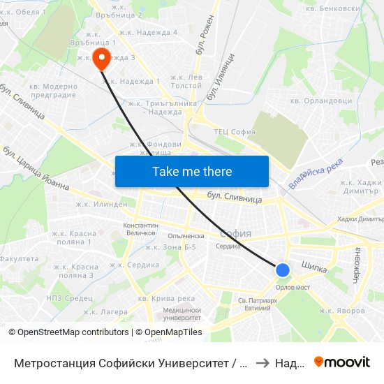 Метростанция Софийски Университет / Sofia University Metro Station (2827) to Надежда 3 map