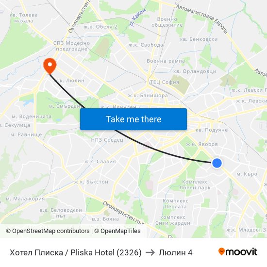 Хотел Плиска / Pliska Hotel (2326) to Люлин 4 map