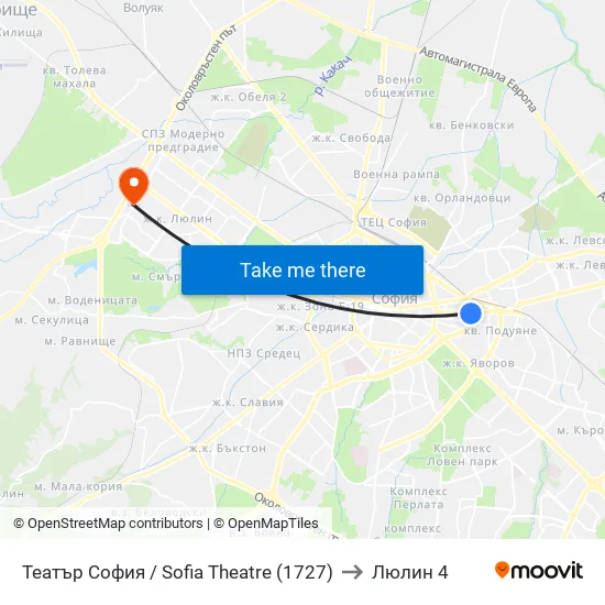Театър София / Sofia Theatre (1727) to Люлин 4 map