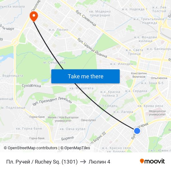 Пл. Ручей / Ruchey Sq. (1301) to Люлин 4 map