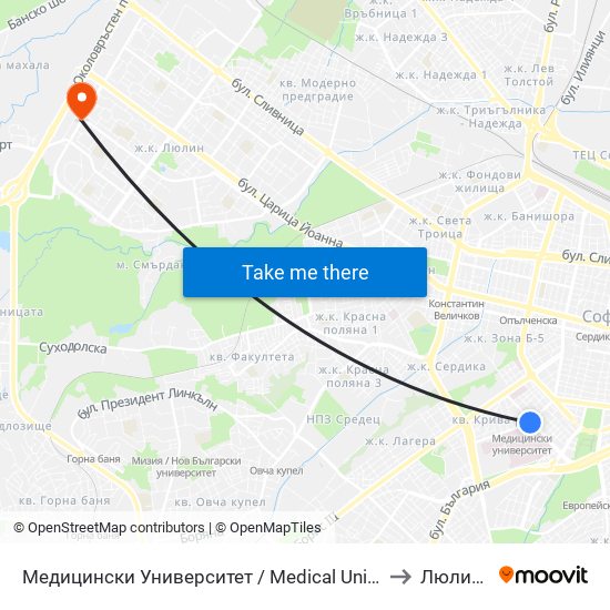 Медицински Университет / Medical University to Люлин 4 map