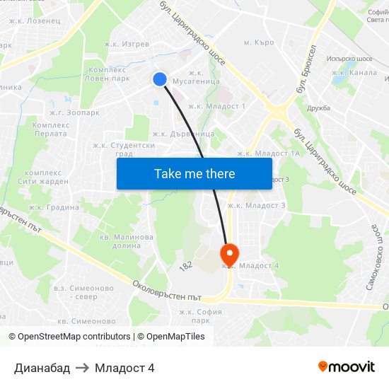 Дианабад to Младост 4 map