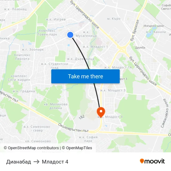 Дианабад to Младост 4 map