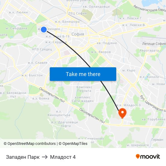 Западен Парк to Младост 4 map