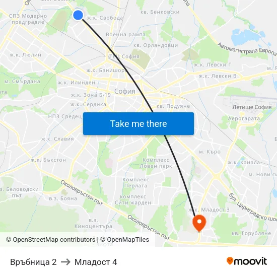 Връбница 2 to Младост 4 map
