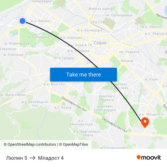 Люлин 5 to Младост 4 map
